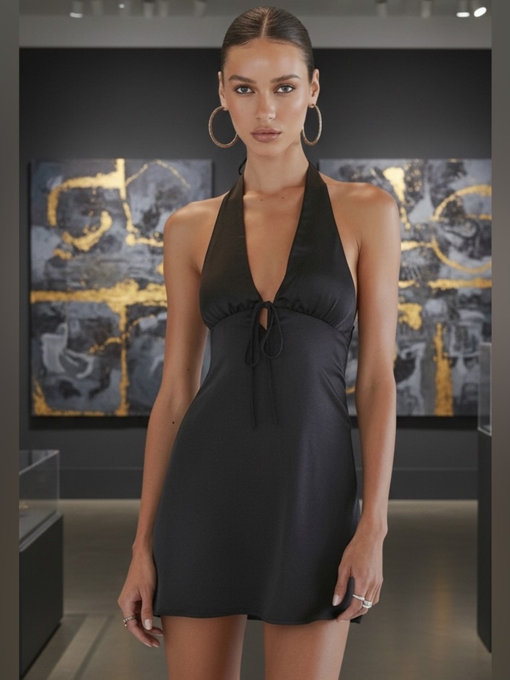 NEW Princess Polly Lanier Mini Dress Black Satin Halter Plunge Open Back Party